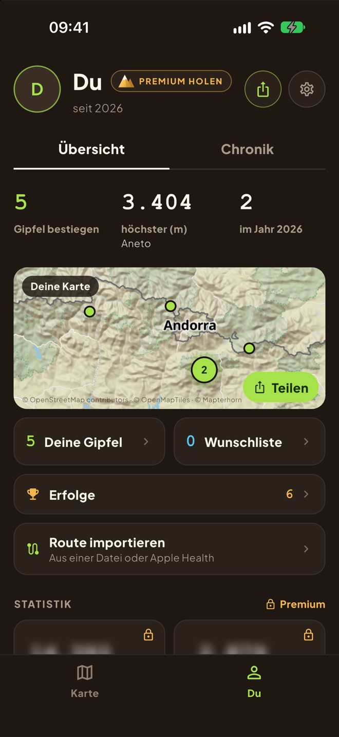 Dein Profil: deine Gipfel, dein höchster Gipfel und deine Karte