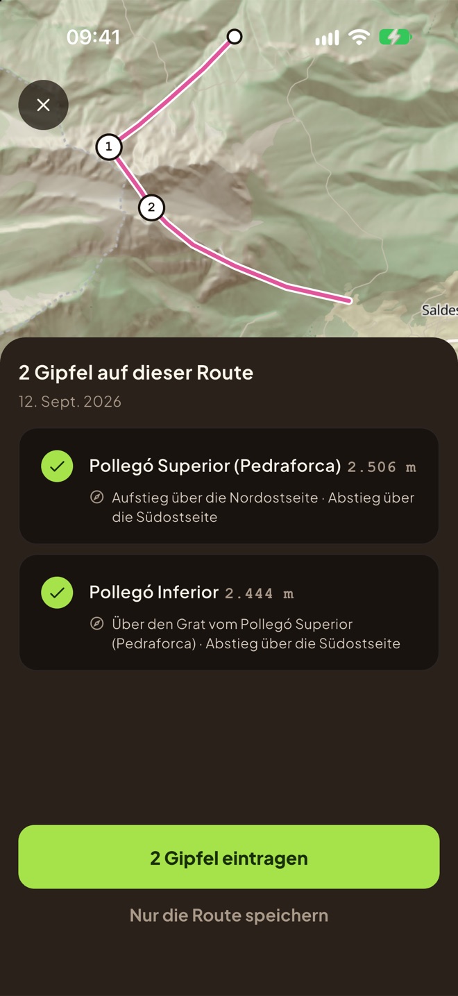 Die Gipfel einer importierten Route, mit der Seite jedes Aufstiegs