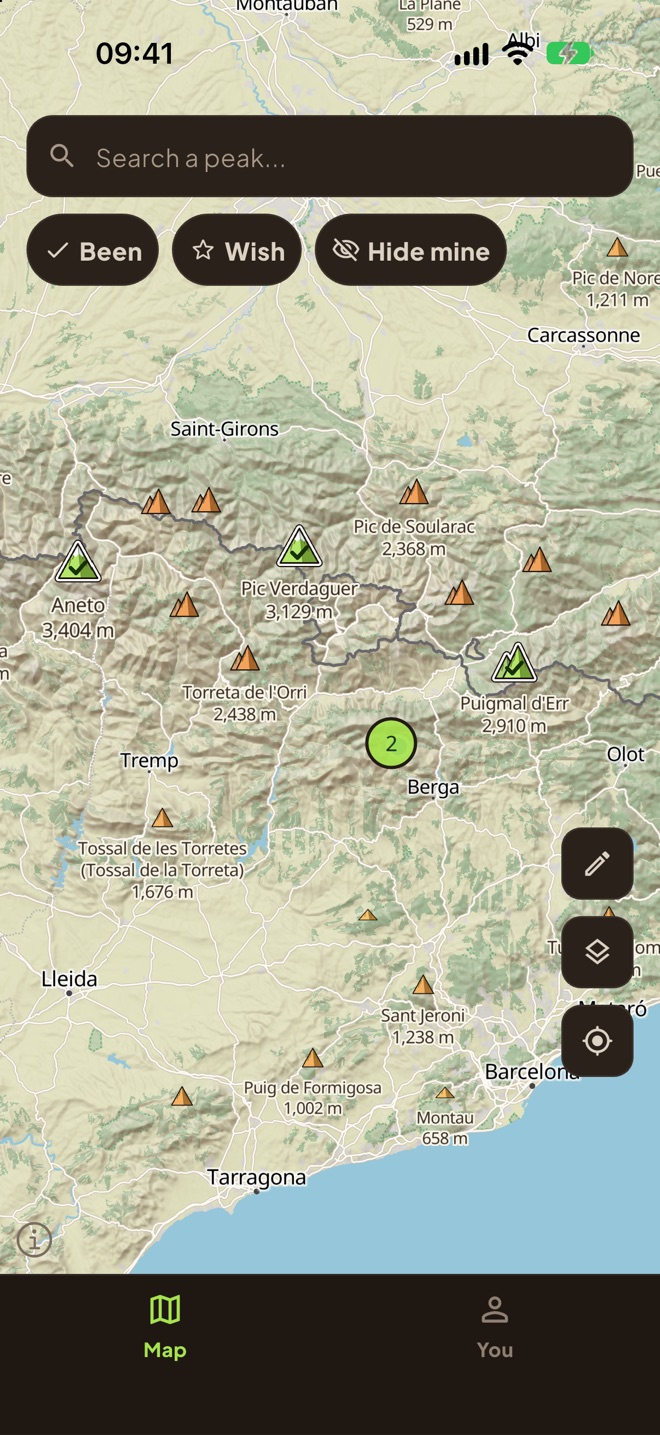 The PeakBeen map, with the peaks you have been in green