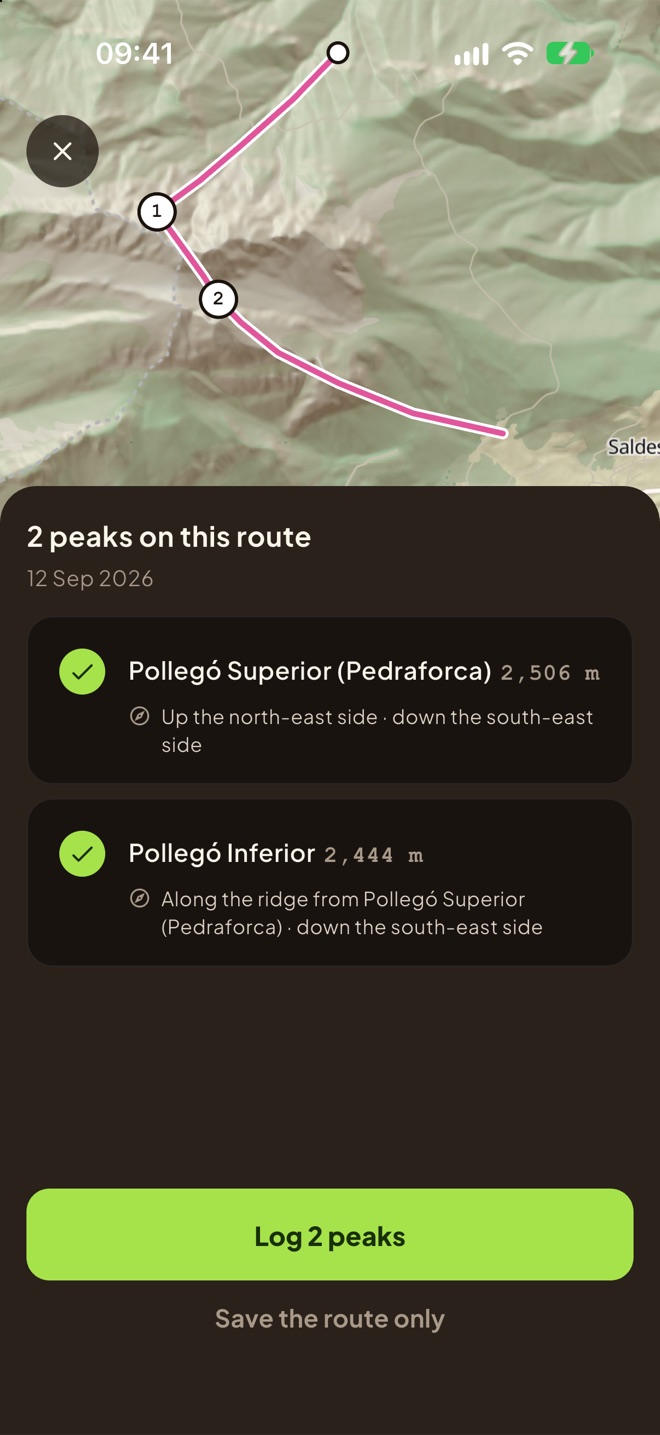 The peaks found on an imported route, with the side of each ascent