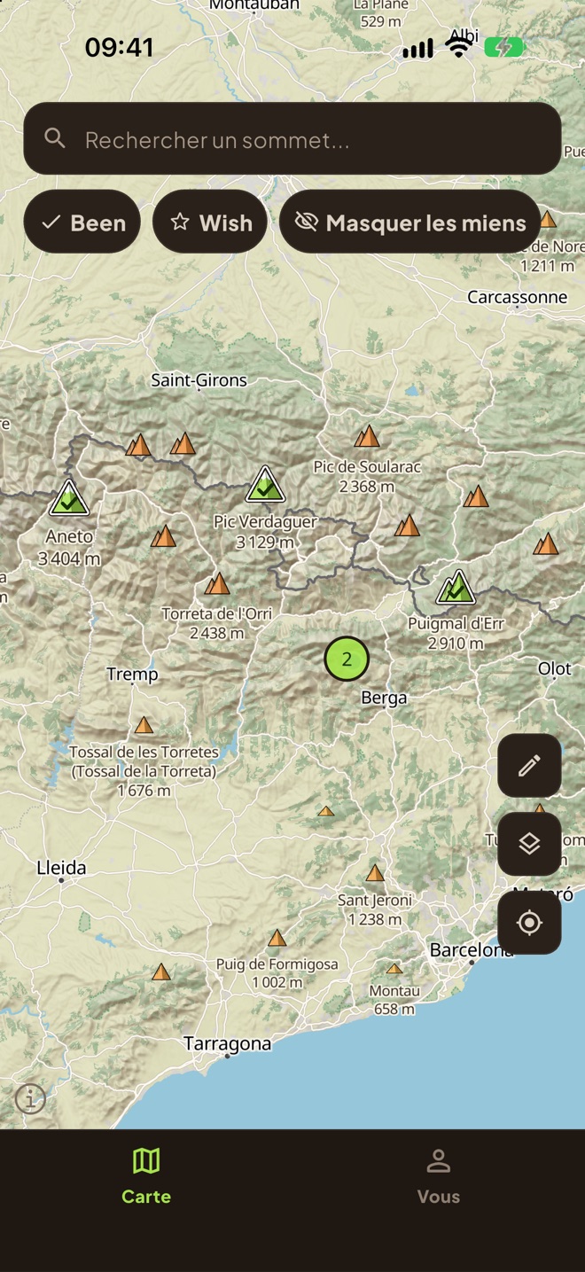 La carte de PeakBeen, avec en vert les sommets où vous êtes allé