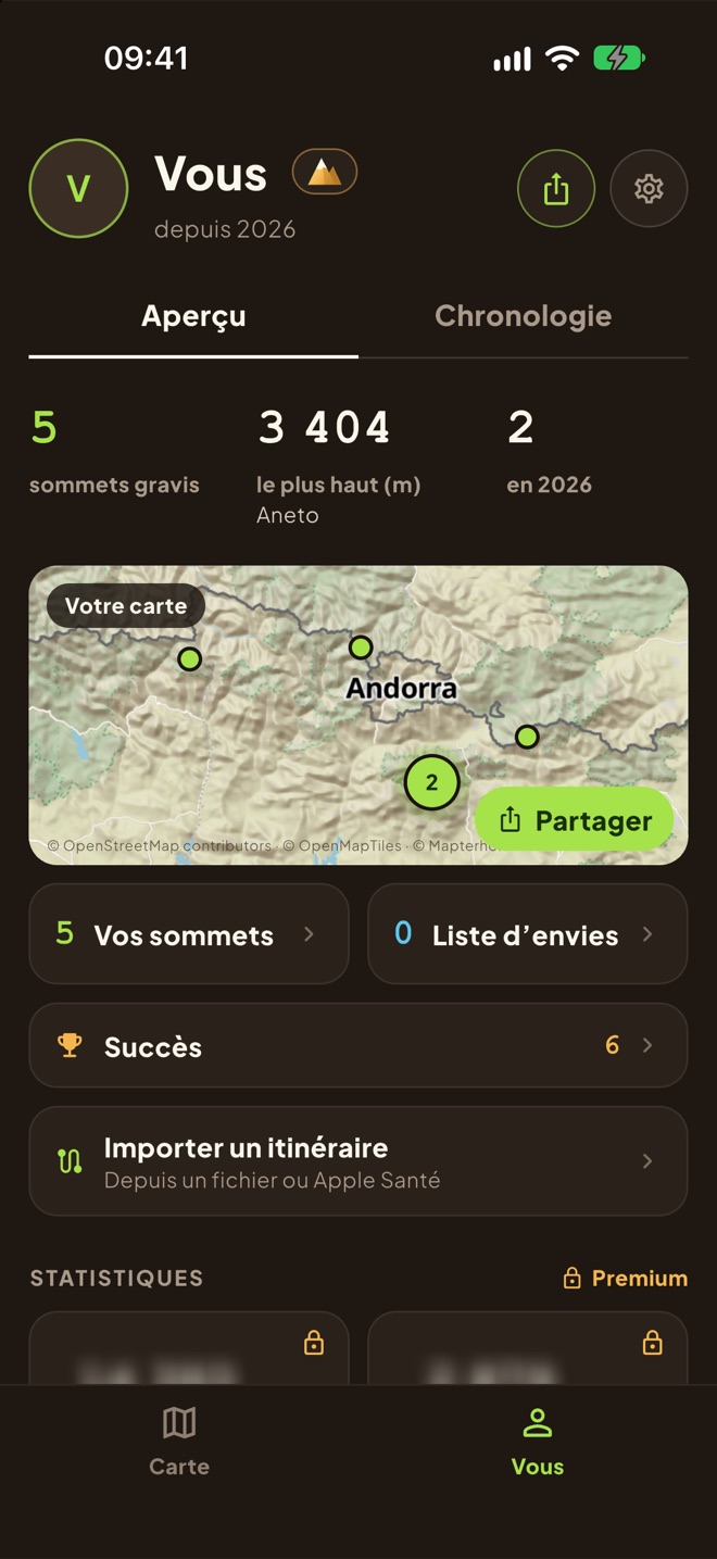 Votre profil : sommets gravis, votre point le plus haut et votre carte