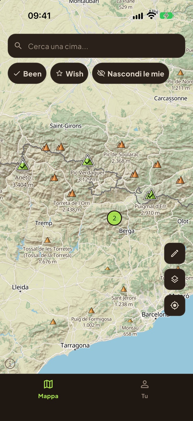 La mappa di PeakBeen, con in verde le cime che hai raggiunto